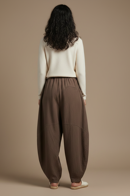 Pantalon Chinois Marron Lin Ample Sarouel Confortable Femme - vue 2