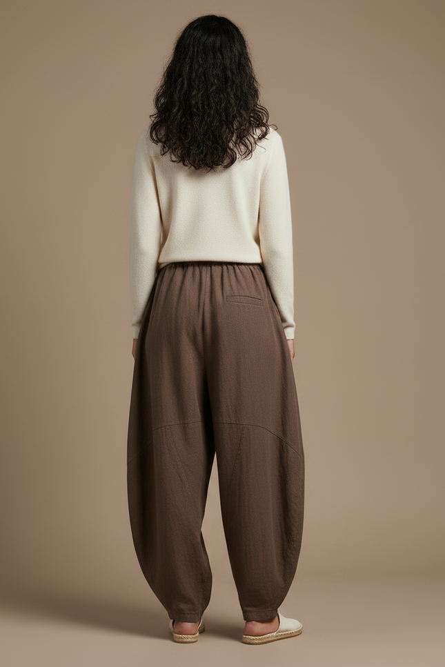 Pantalon Chinois Marron Lin Ample Sarouel Confortable Femme - vue 2