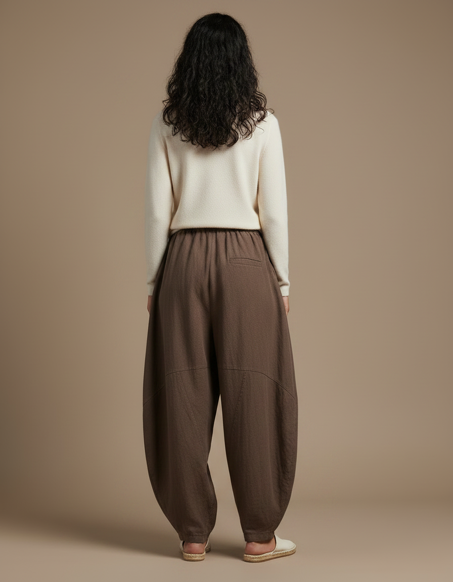 Pantalon Chinois Marron Lin Ample Sarouel Confortable Femme - vue 2