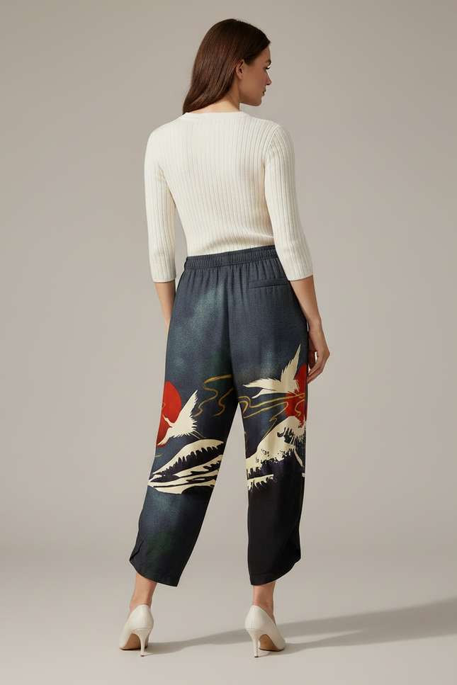 Pantalon Chinois Imprimé Grue Japonaise Fluide Femme - Satin - vue 2