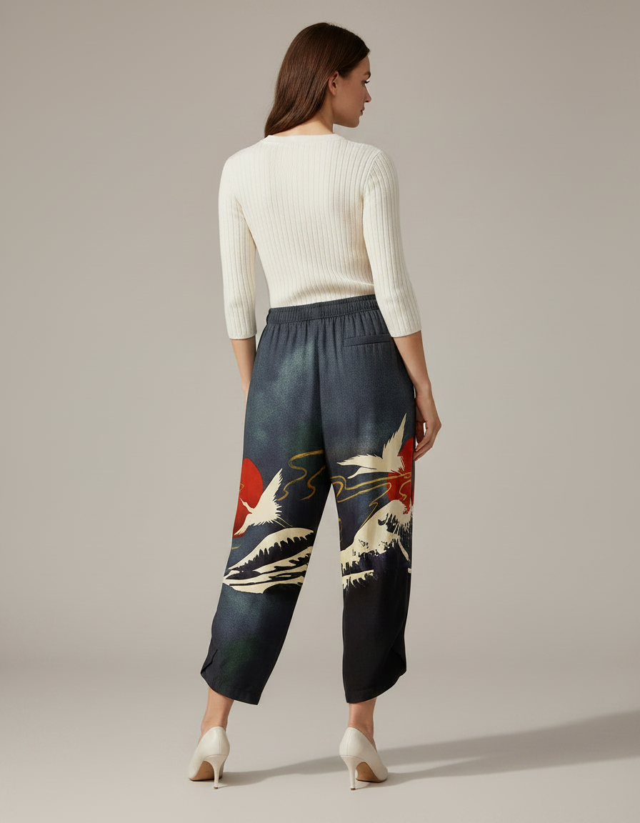 Pantalon Chinois Imprimé Grue Japonaise Fluide Femme - Satin - vue 2