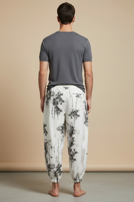 Pantalon Chinois Harem Blanc Imprimé Bambou Décontracté - Coton - vue 2