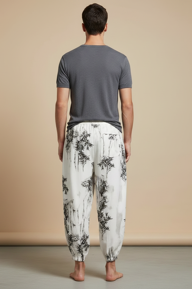 Pantalon Chinois Harem Blanc Imprimé Bambou Décontracté - Coton - vue 2