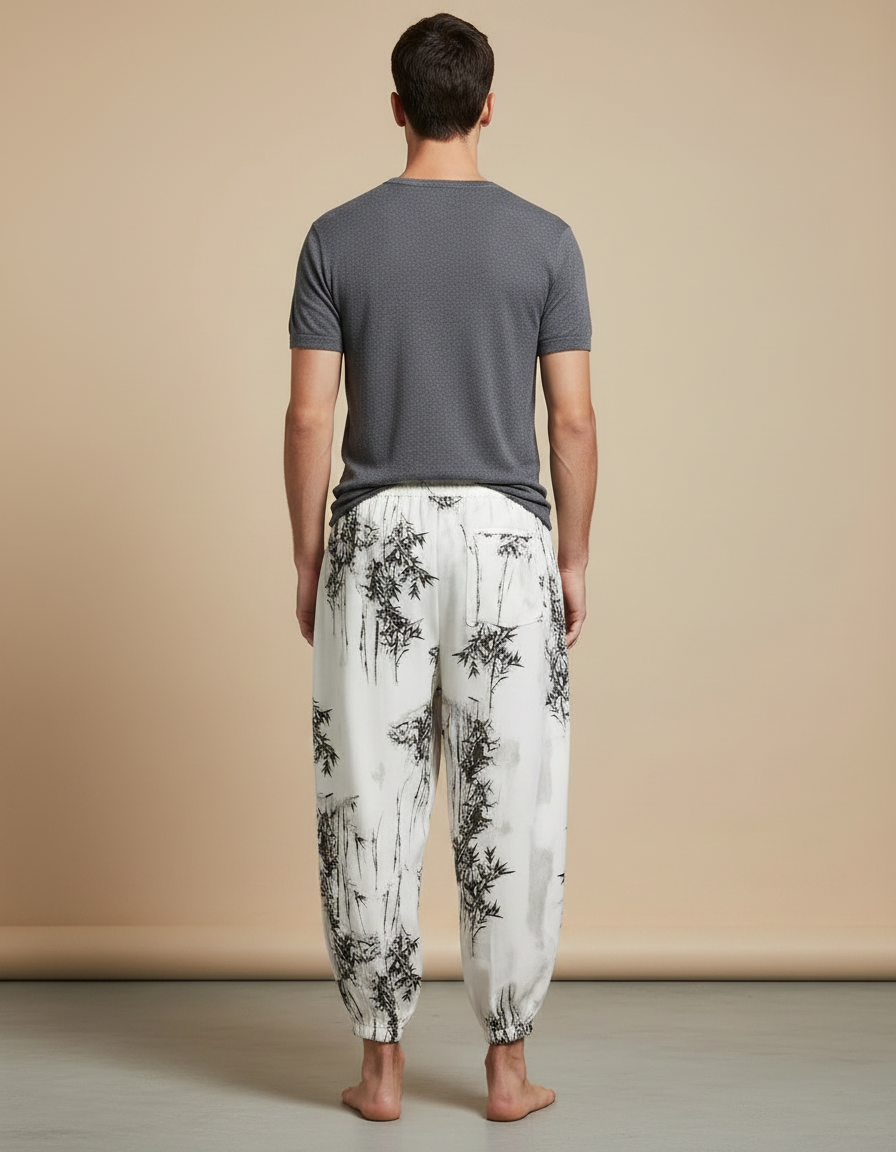 Pantalon Chinois Harem Blanc Imprimé Bambou Décontracté - Coton - vue 2