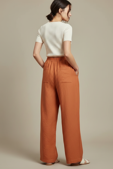 Pantalon Chinois Orange Lin Ample Fluide Décontracté - vue 2