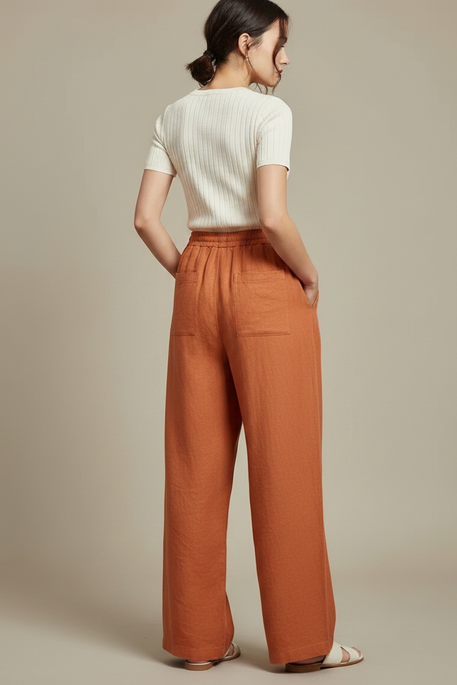Pantalon Chinois Orange Lin Ample Fluide Décontracté - vue 2