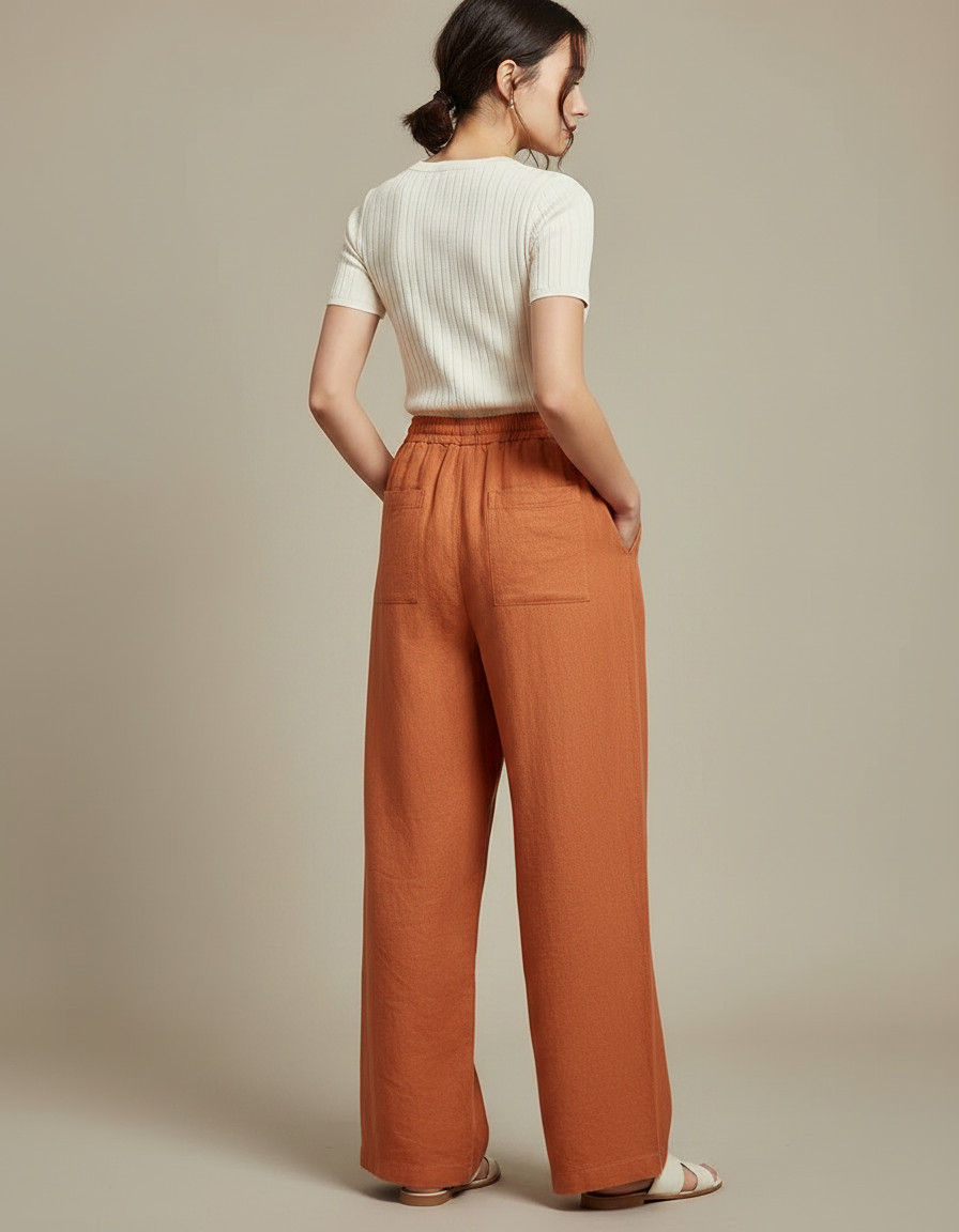 Pantalon Chinois Orange Lin Ample Fluide Décontracté - vue 2