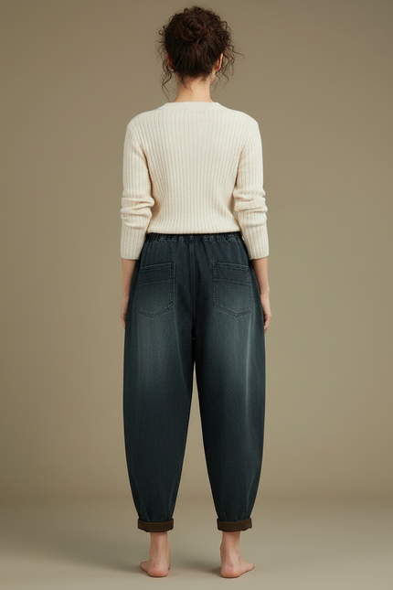 Pantalon Chinois Harem Brodé Chat Poisson Femme - Bleu Jean - vue 2