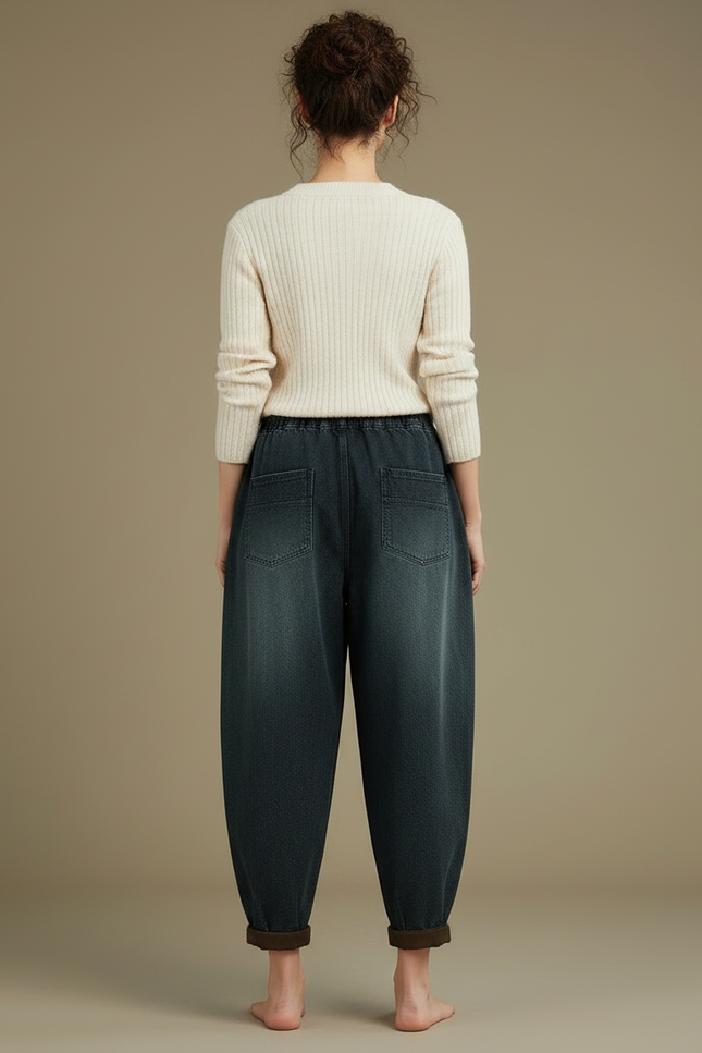 Pantalon Chinois Harem Brodé Chat Poisson Femme - Bleu Jean - vue 2