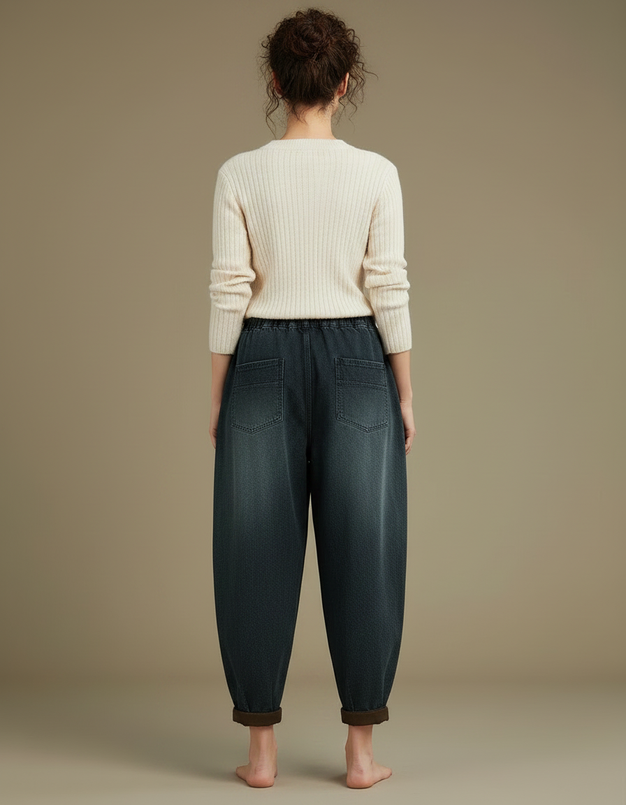 Pantalon Chinois Harem Brodé Chat Poisson Femme - Bleu Jean - vue 2