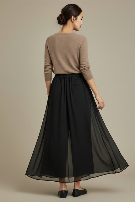 Pantalon Chinois Noir Ample Fluide Élégant Femme - Polyester - vue 2