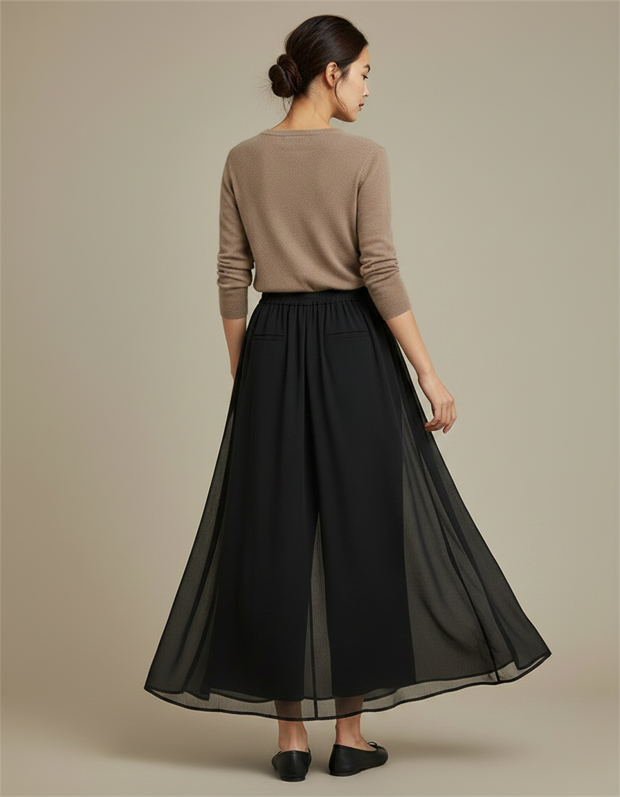 Pantalon Chinois Noir Ample Fluide Élégant Femme - Polyester - vue 2