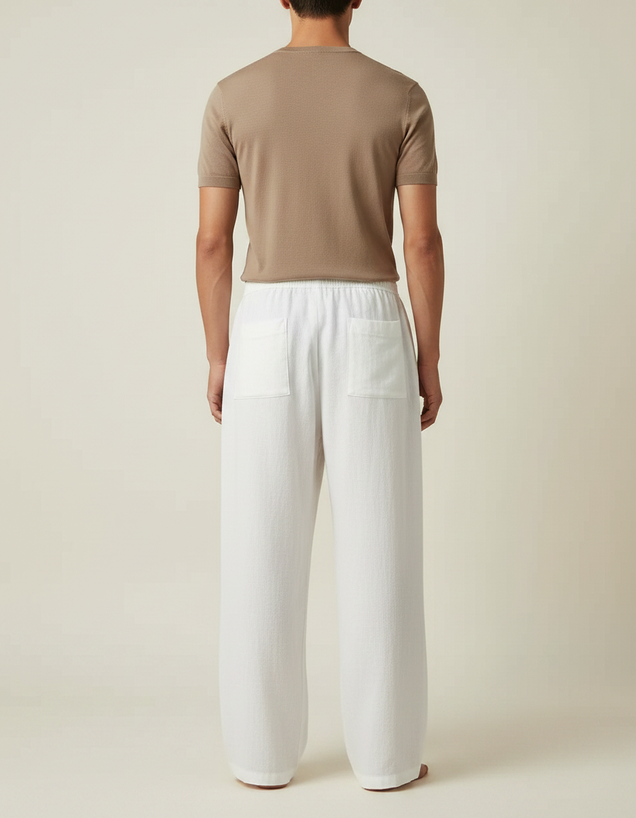 Pantalon Chinois Blanc Coton Lin Ample Décontracté Homme - vue 2