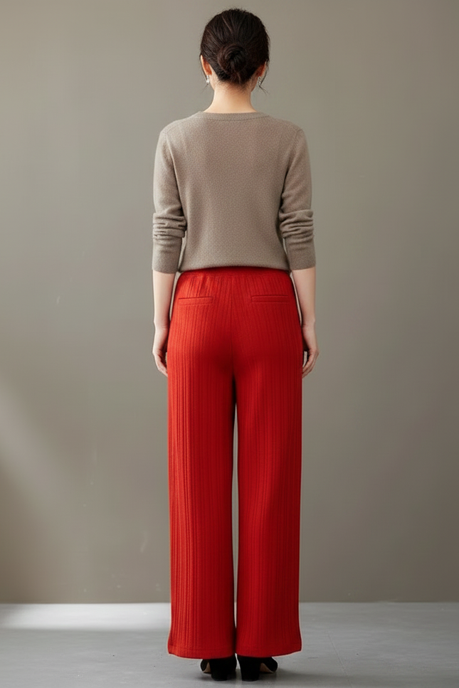 Pantalon Chinois Rouge Plissé Ample Taille Haute - Maille - vue 2