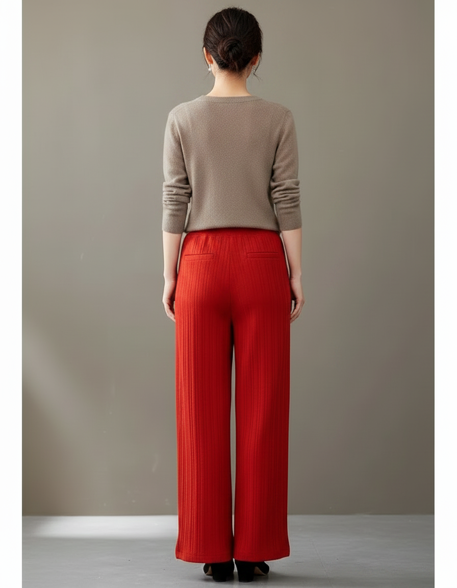 Pantalon Chinois Rouge Plissé Ample Taille Haute - Maille - vue 2