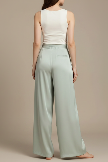 Pantalon Chinois Vert Satin Fluide Ample Ceinturé - vue 2