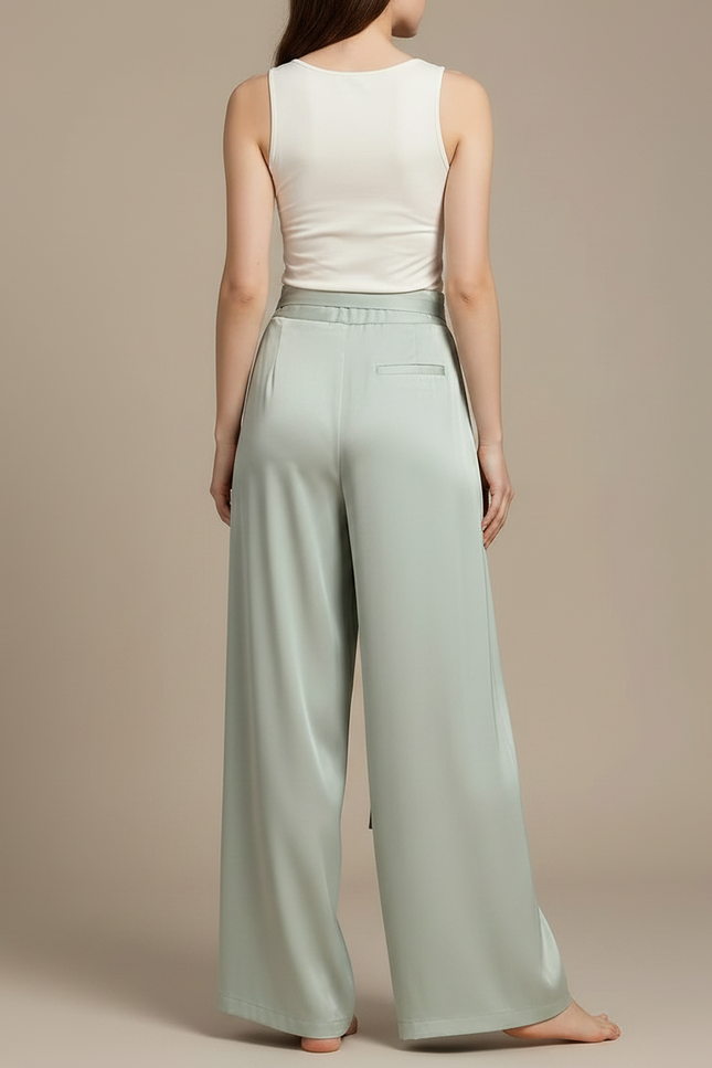 Pantalon Chinois Vert Satin Fluide Ample Ceinturé - vue 2