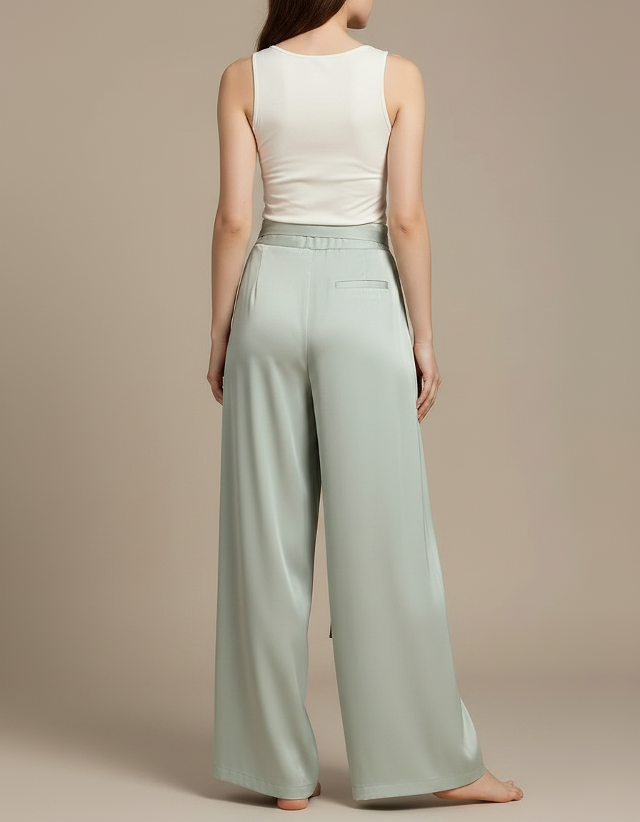 Pantalon Chinois Vert Satin Fluide Ample Ceinturé - vue 2