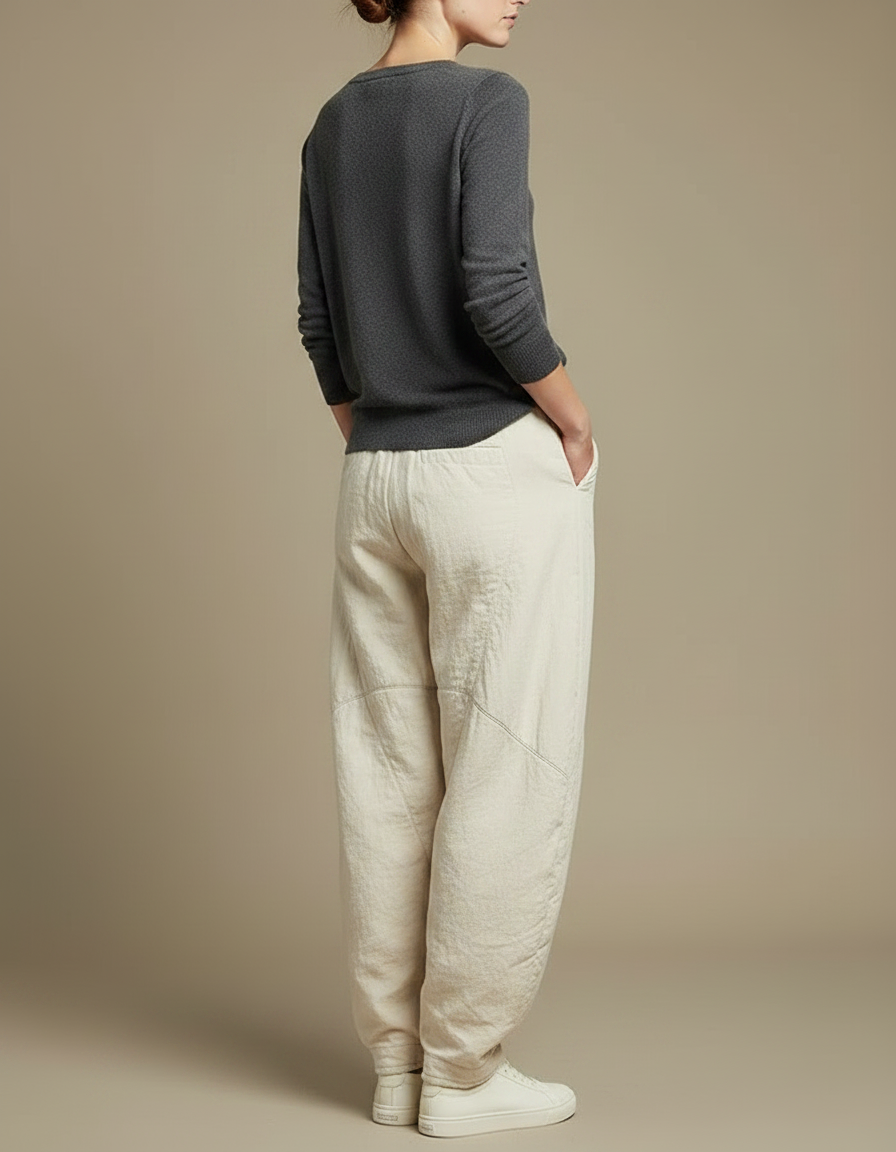 Pantalon Chinois Écru Matelassé Ample Harem Décontracté - Beige Coton - vue 2