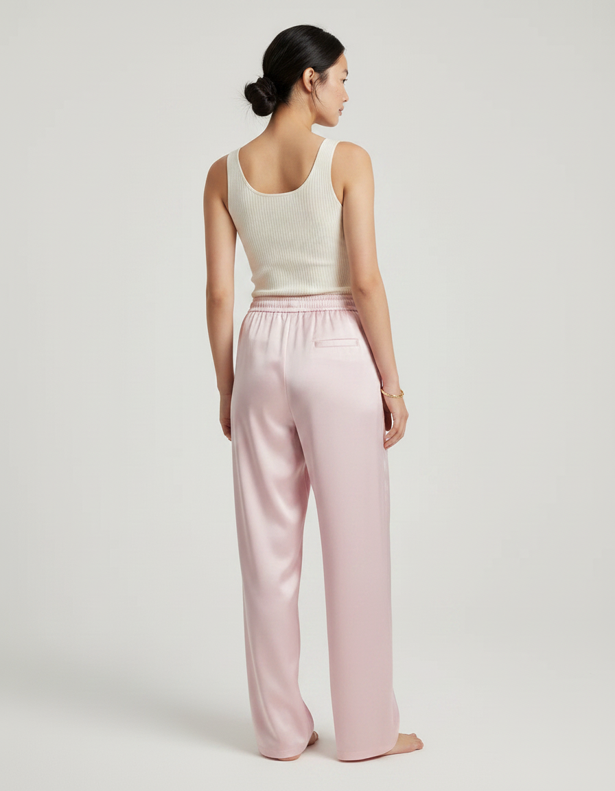 Pantalon Chinois Rose Satin Fluide Élégant Femme - vue 2