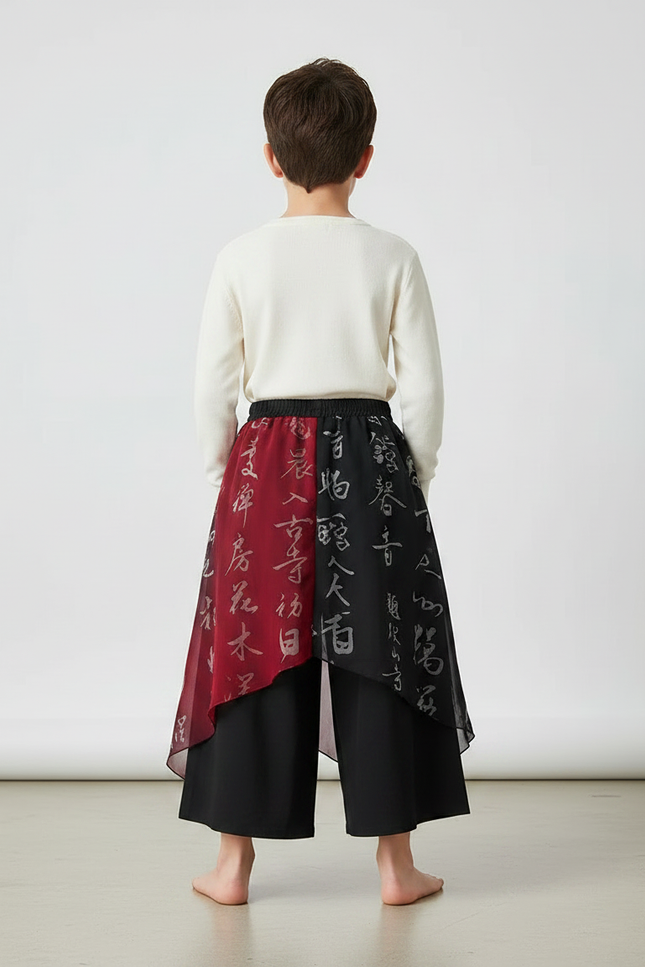Pantalon Chinois Noir Rouge Fluide Imprimé Caractères Ample - Multicolore Polyester - vue 2