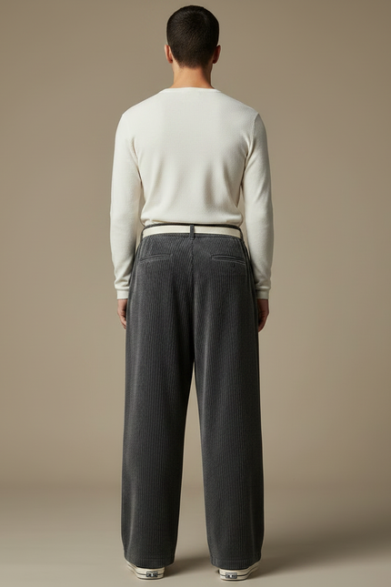 Pantalon Chinois Côtelé Large Gris Homme Décontracté - Cordé - vue 2