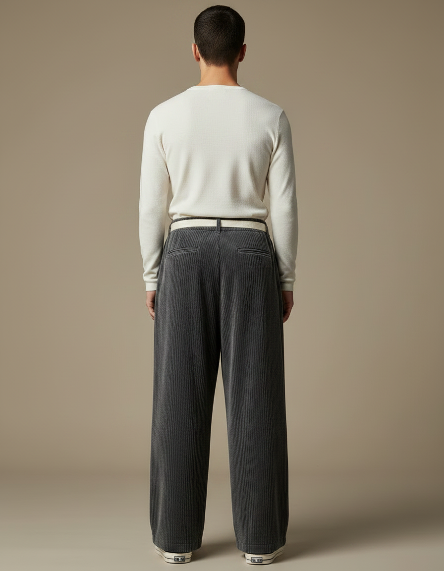 Pantalon Chinois Côtelé Large Gris Homme Décontracté - Cordé - vue 2