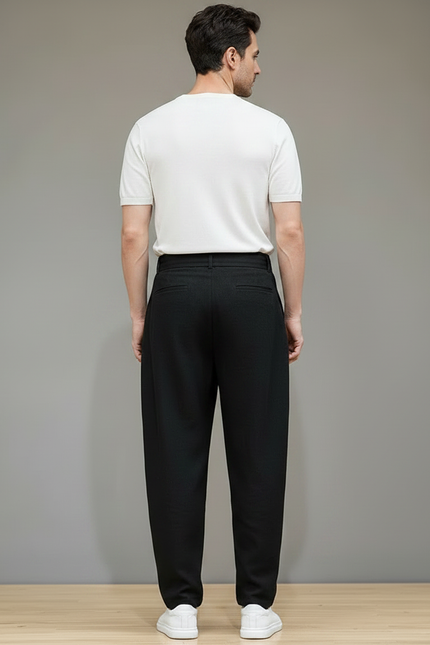 Pantalon Chinois Noir Coton Lin Ample Ceinturé Homme - vue 2