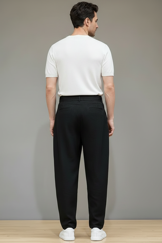 Pantalon Chinois Noir Coton Lin Ample Ceinturé Homme - vue 2
