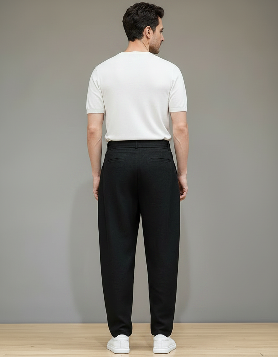 Pantalon Chinois Noir Coton Lin Ample Ceinturé Homme - vue 2