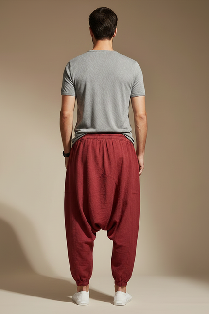 Pantalon Chinois Harem Lin Rouge Cordon Ample Homme - Bordeaux - vue 2