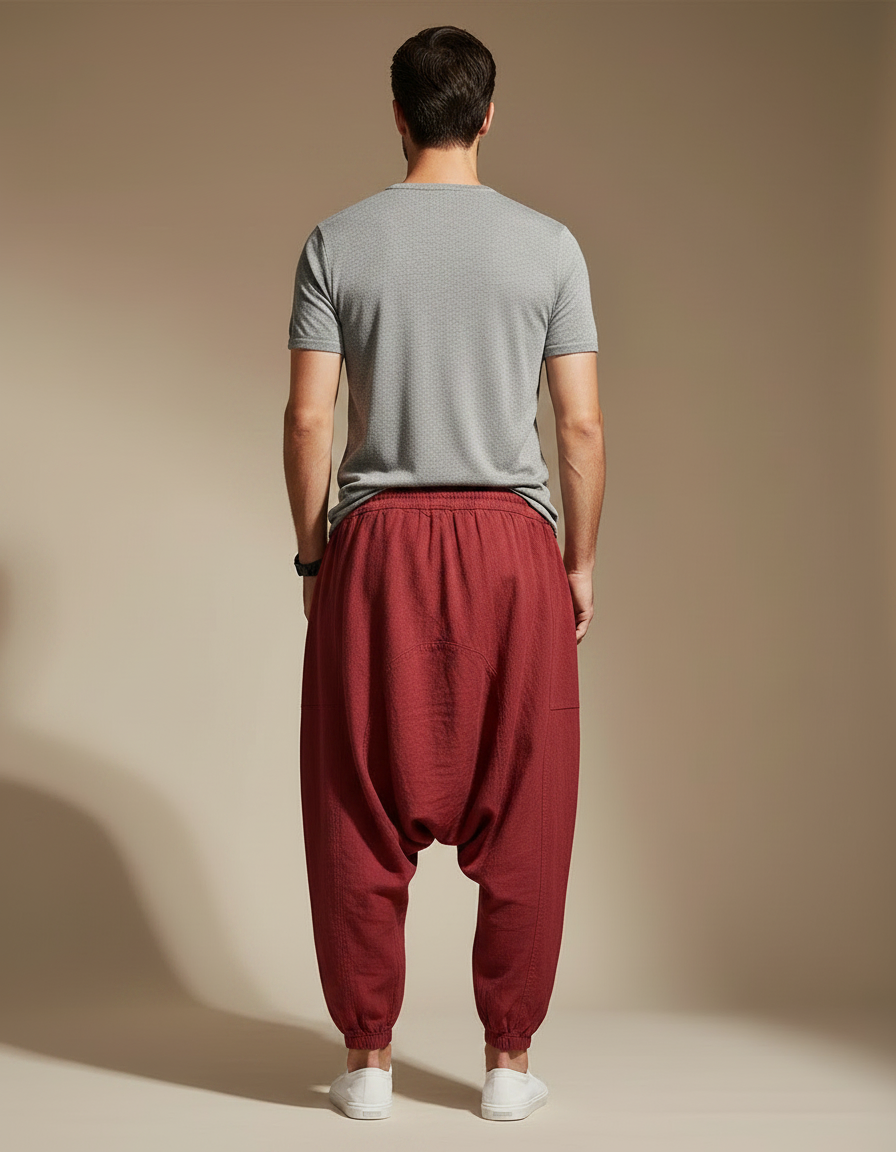 Pantalon Chinois Harem Lin Rouge Cordon Ample Homme - Bordeaux - vue 2