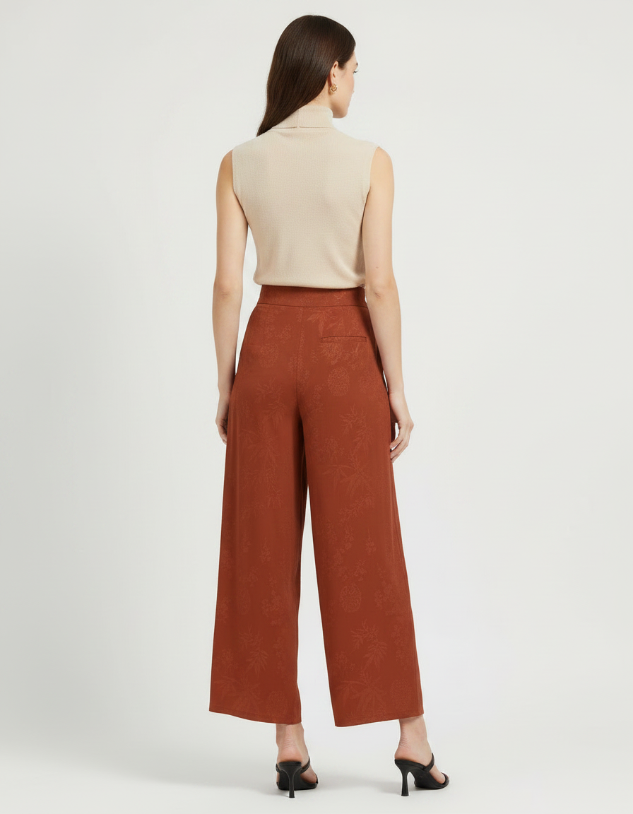 Pantalon Chinois Large Terracotta Jacquard Fluide Décontracté - Marron Satin - vue 2