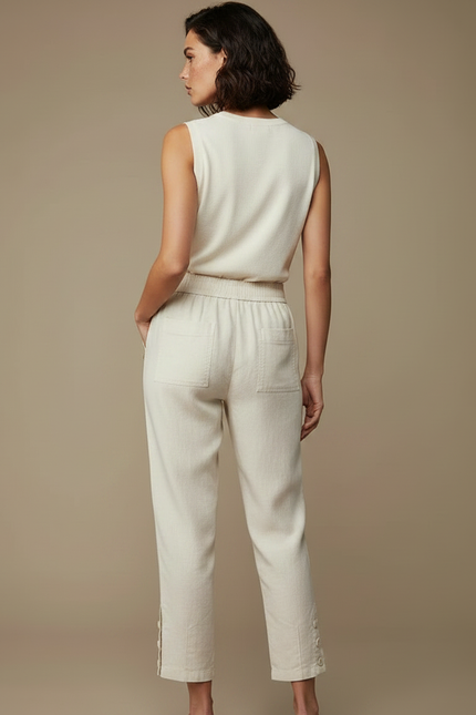 Pantalon Chinois Lin Écru Fluide Décontracté Femme - Beige - vue 2