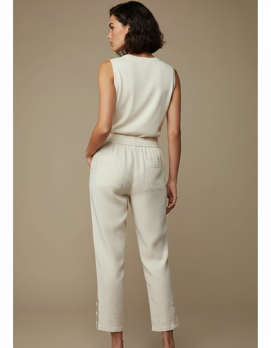 Pantalon Chinois Lin Écru Fluide Décontracté Femme - Beige - vue 2