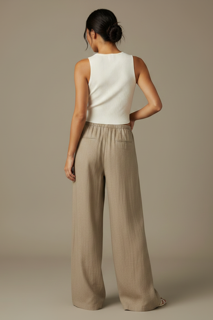 Pantalon Chinois Beige Ample Fluide Décontracté Lin - vue 2