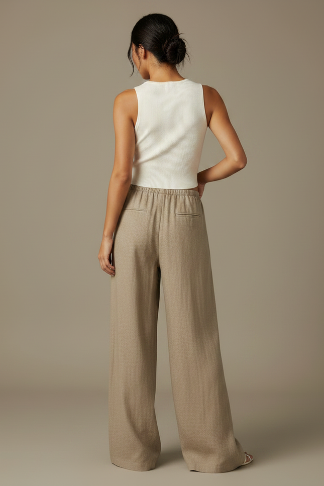 Pantalon Chinois Beige Ample Fluide Décontracté Lin - vue 2