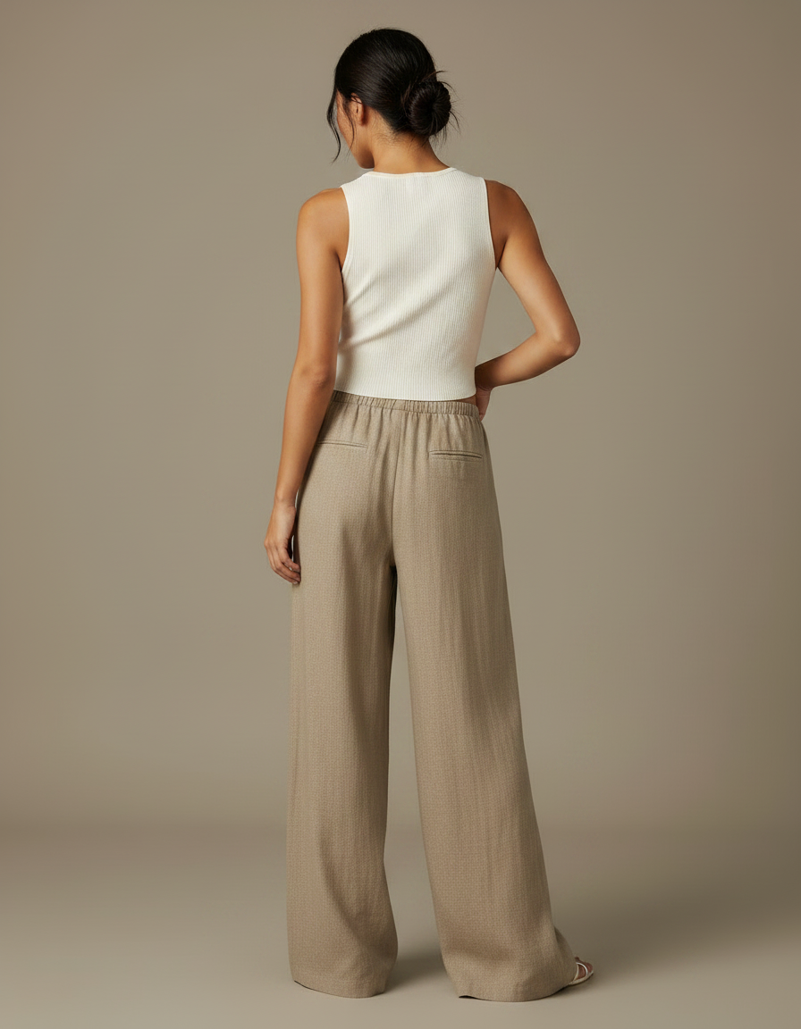 Pantalon Chinois Beige Ample Fluide Décontracté Lin - vue 2