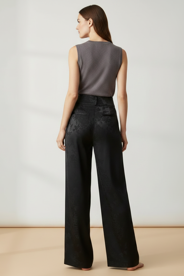 Pantalon Chinois Noir Satiné Ample Fluide Jacquard - vue 2