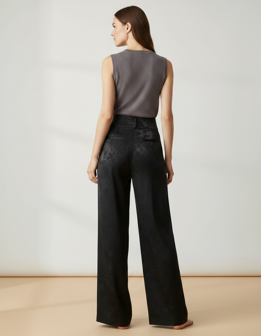 Pantalon Chinois Noir Satiné Ample Fluide Jacquard - vue 2