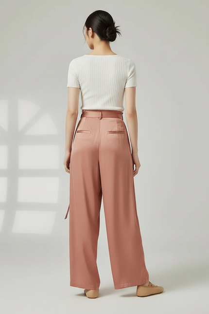 Pantalon Chinois Satiné Rose Ample Fluide Élégant - vue 2