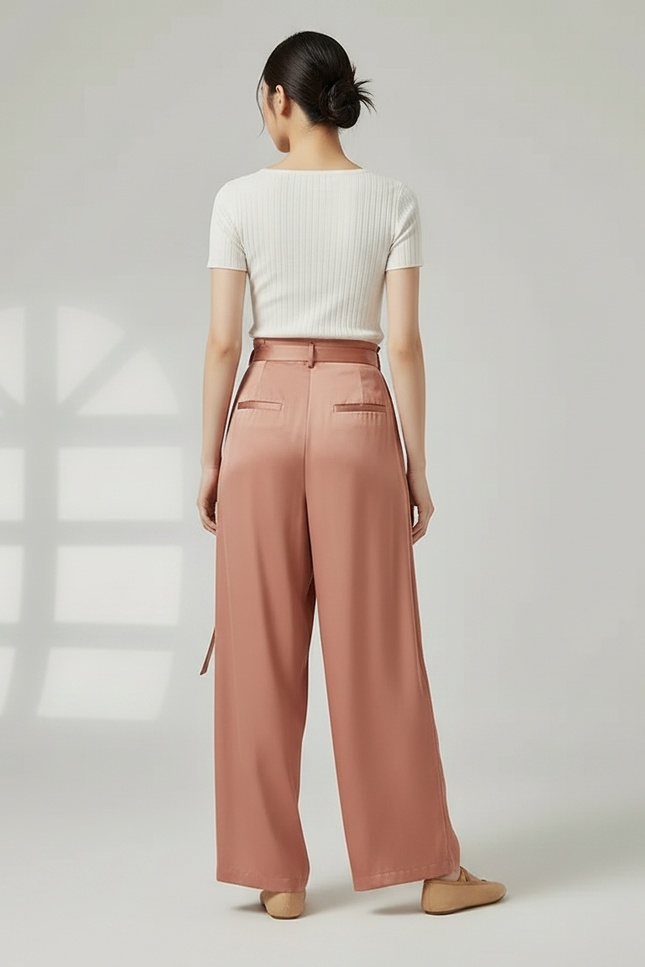 Pantalon Chinois Satiné Rose Ample Fluide Élégant - vue 2