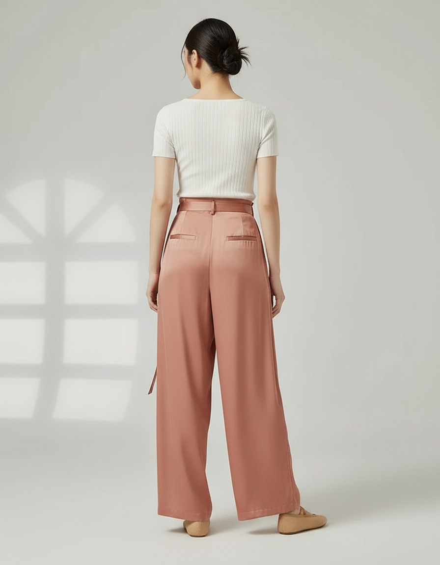Pantalon Chinois Satiné Rose Ample Fluide Élégant - vue 2