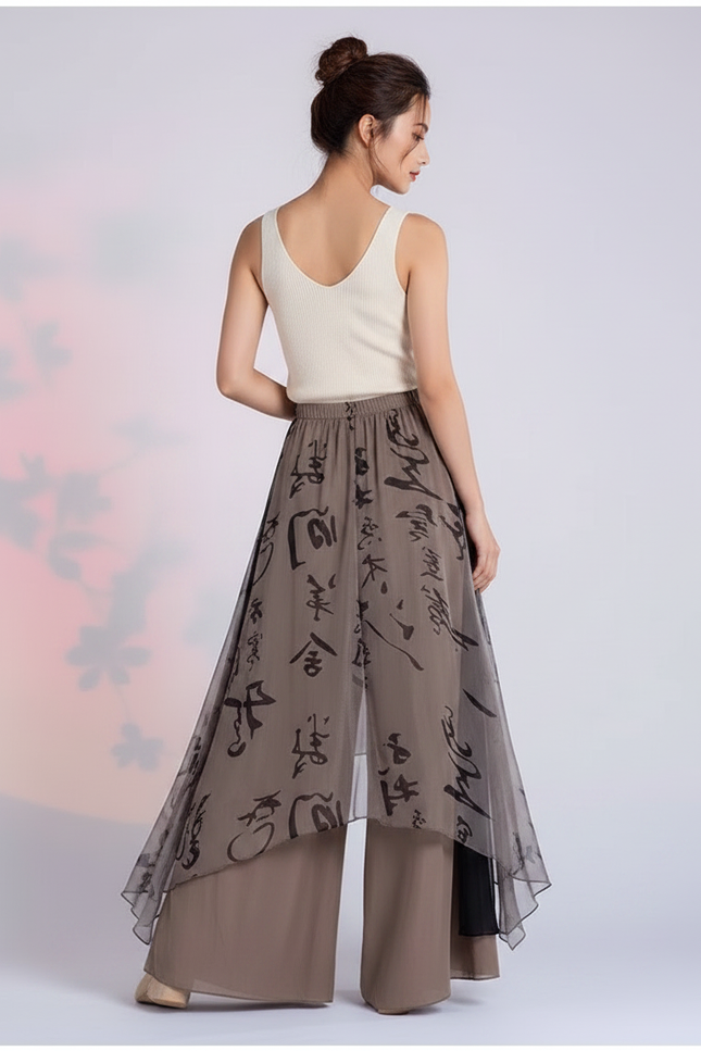 Pantalon Chinois Jupe Irrégulière Gaze Ample Femme - Beige Viscose - vue 2