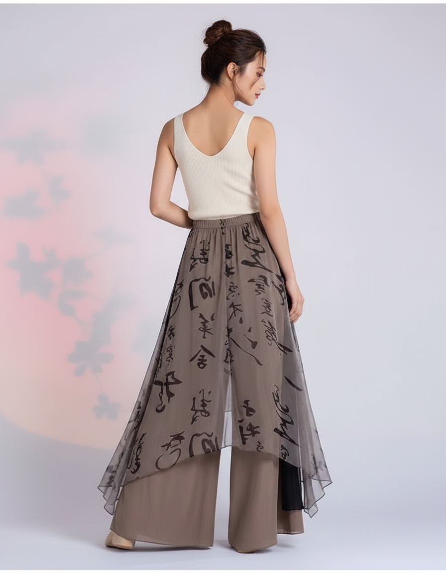 Pantalon Chinois Jupe Irrégulière Gaze Ample Femme - Beige Viscose - vue 2