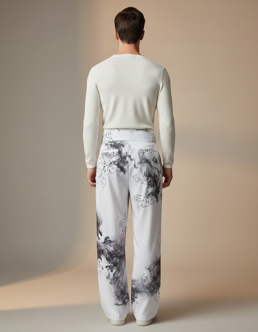 Pantalon Chinois Blanc Ample Encre Dragon Homme - Polyester - vue 2