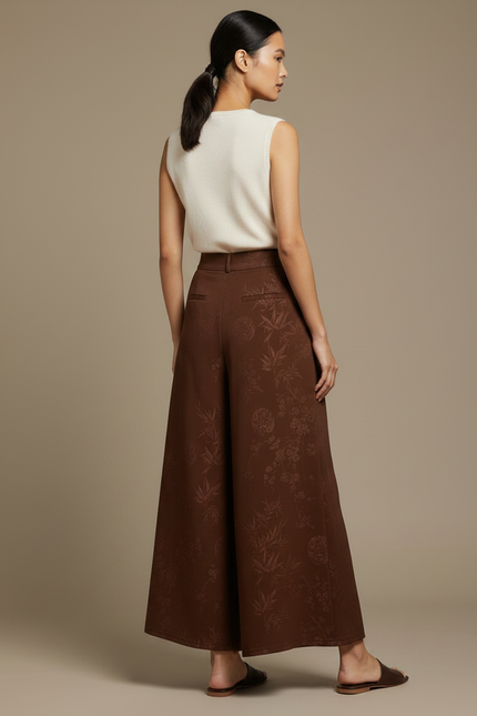 Pantalon Chinois Marron Ample Jacquard Fluide Élégant - Polyester - vue 2