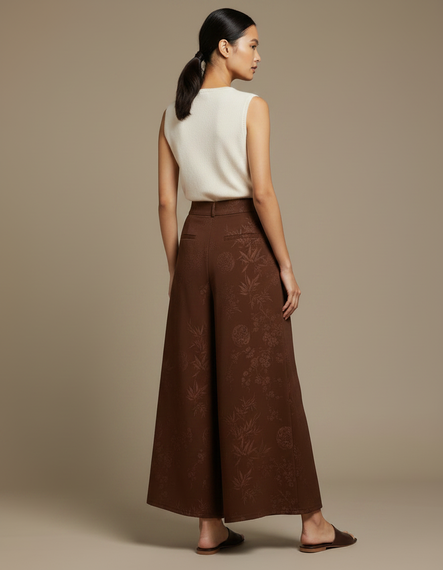 Pantalon Chinois Marron Ample Jacquard Fluide Élégant - Polyester - vue 2