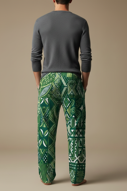 Pantalon Chinois Vert Ethnique Ample Cordon Décontracté - Viscose - vue 2