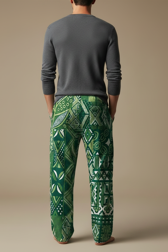 Pantalon Chinois Vert Ethnique Ample Cordon Décontracté - Viscose - vue 2